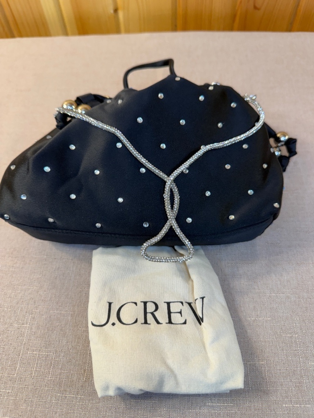 NWT J Crew Drawstring Pouch Bag Crystal Embellished Black Satin Bag